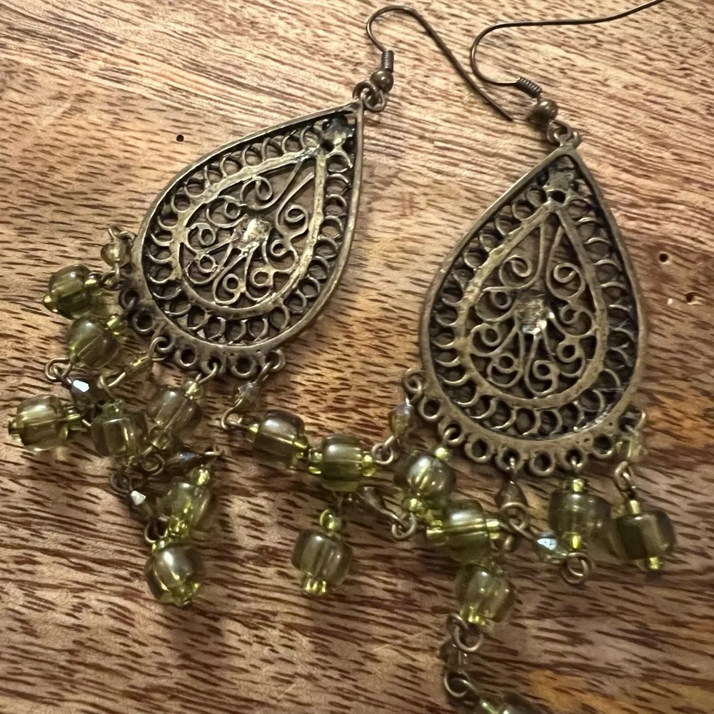 Boho Drop Earrings with Green Beads - Picture 3 of 6